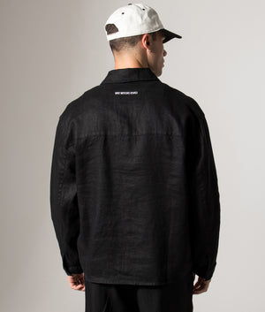 Linen Box Dress Shirt. Shot by EQVVS. Model back angled shot.