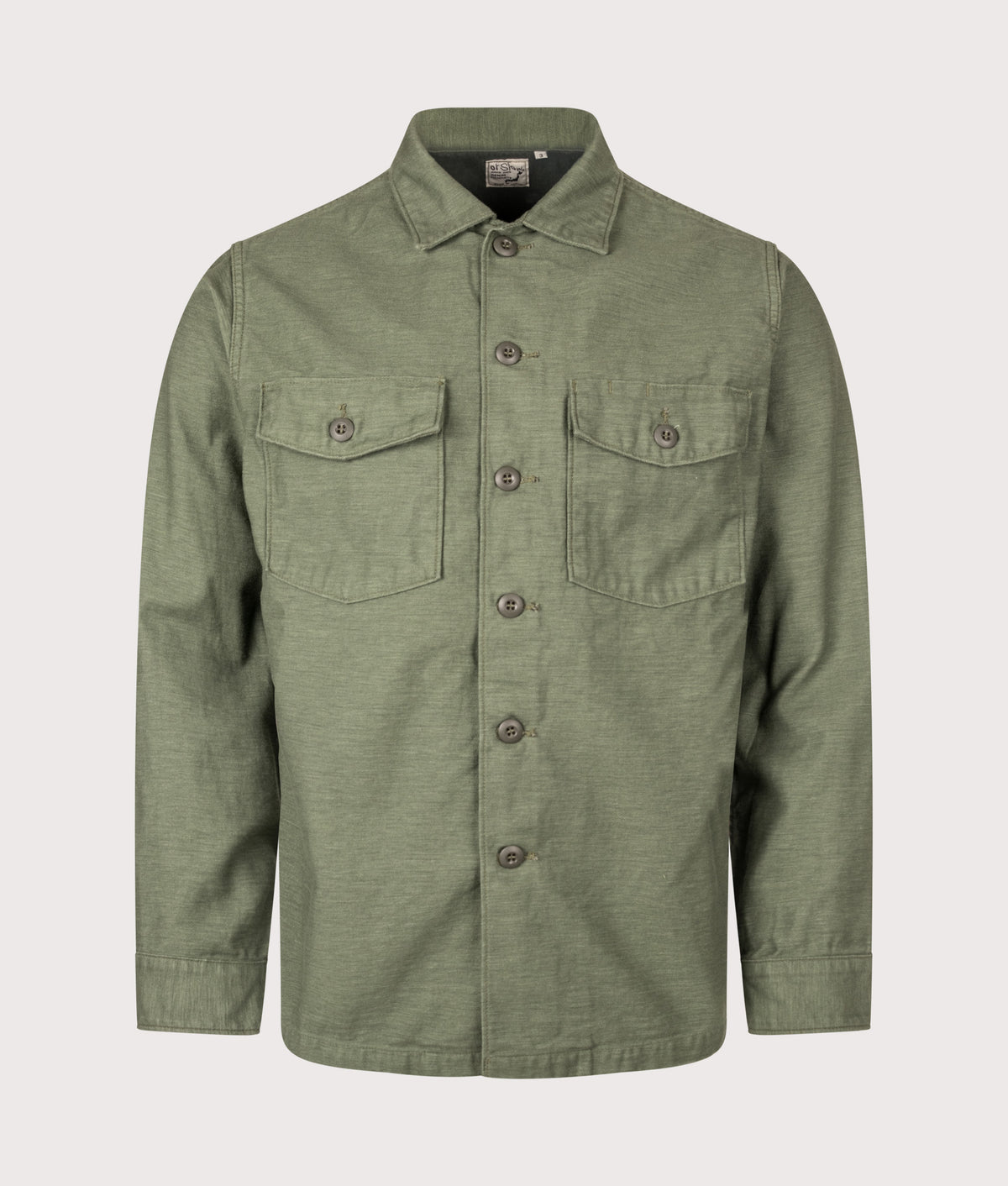 Orslow U.S Army Fatigue Shirt in Green at EQVVS Menswear. Front shot.