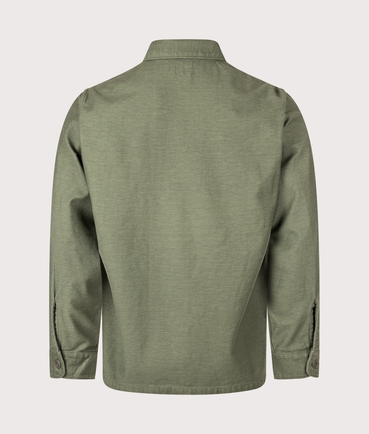 Orslow U.S Army Fatigue Shirt in Green at EQVVS Menswear. Detail shot.