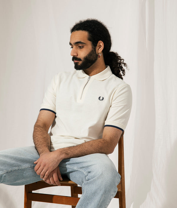 Crepe Piqué Zip Neck Polo Shirt Ecru | Fred Perry | EQVVS