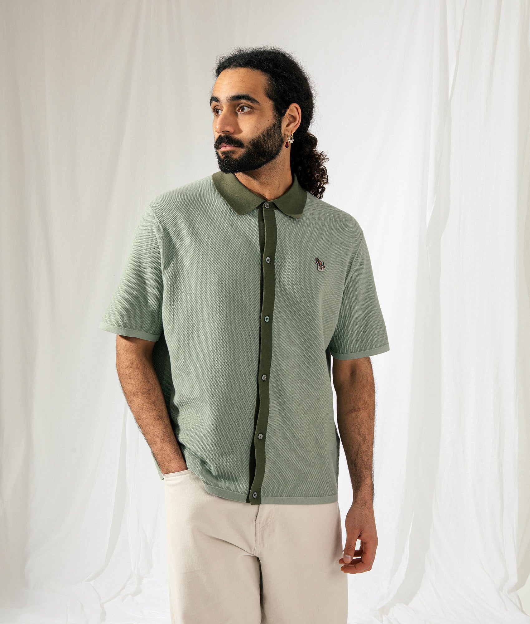 PS Paul Smith Zebra Badge Sweater Polo Shirt in green. EQVVS Shot.