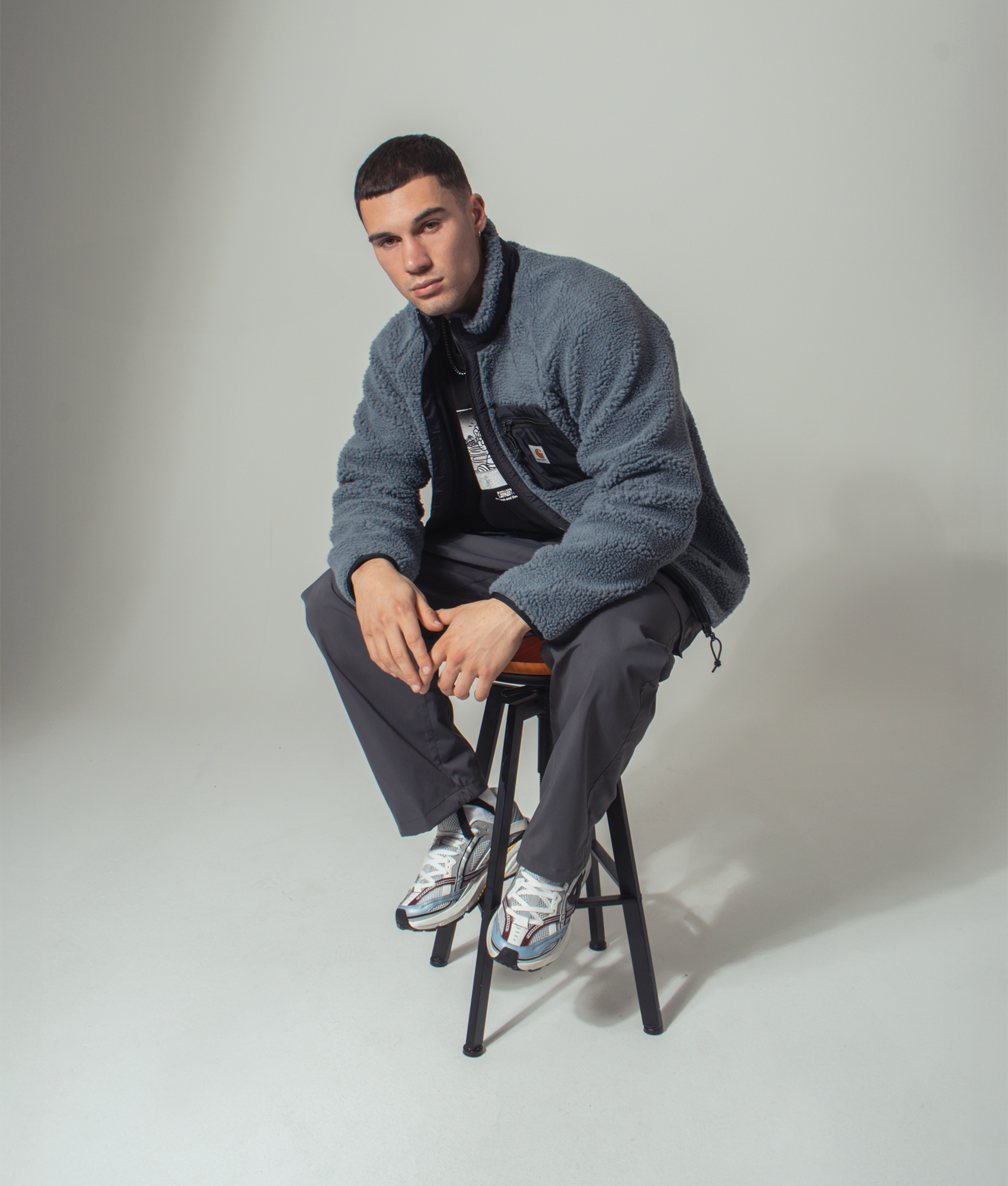 Carharrt WIp Prentis Liner in dove grey at EQVVS menswear campaign shot