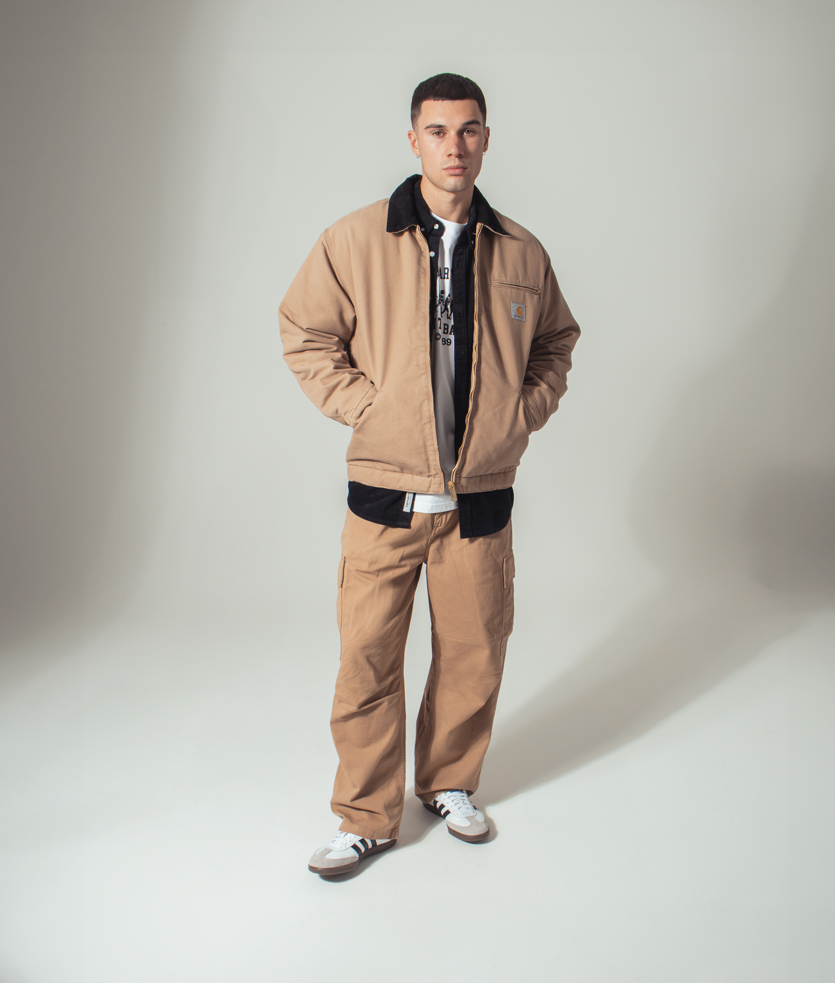 Carhartt WIP Relaxed Fit OG Detroit Jacket in Peanut/Black at EQVVS menswear campaign shot