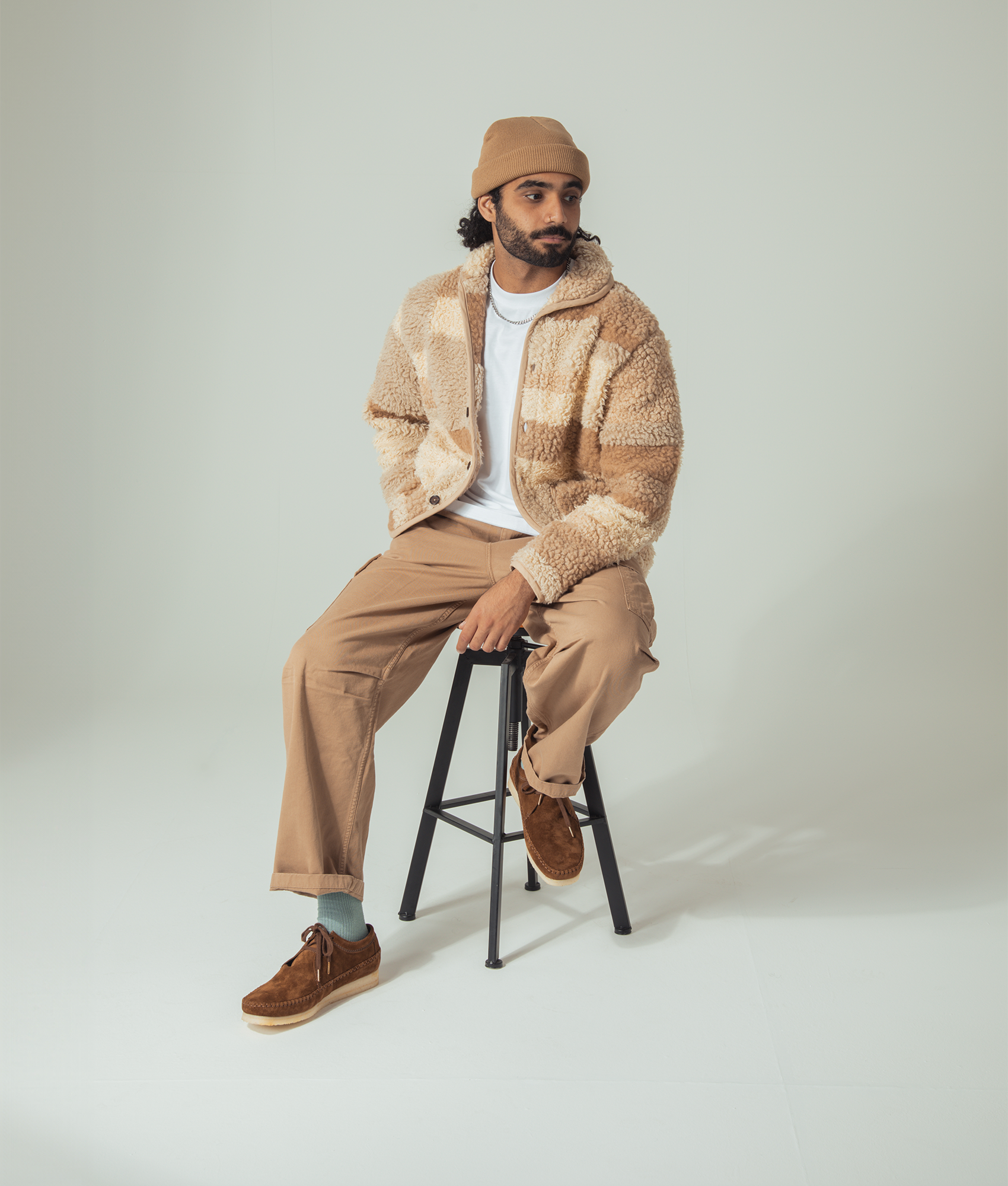 Universal Works Patchwork Fleece Lancaster Jacket in Sand Beige a EQVVS. Model Shot