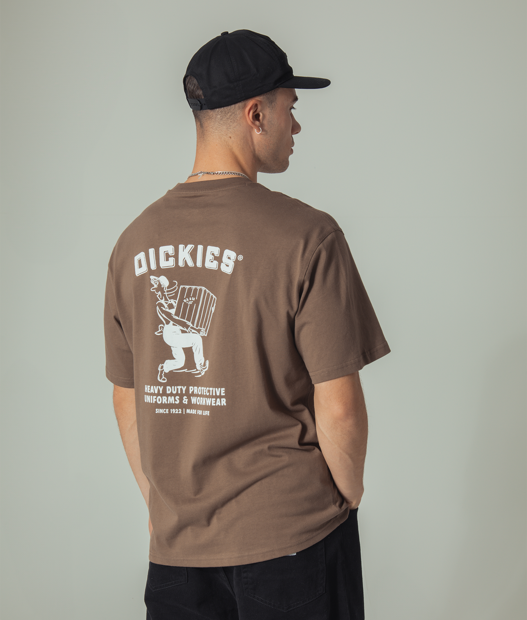 Dickies Builder T-Shirt in Mushroom. Shot at EQVVS. campaign shot 