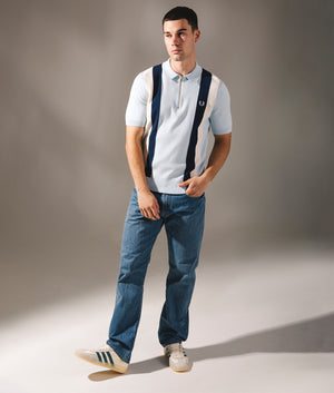 Textured Zip Neck Knitted Polo Shirt by Fred Perry in Light Ice. Shot by EQVVS. Campaign shot.