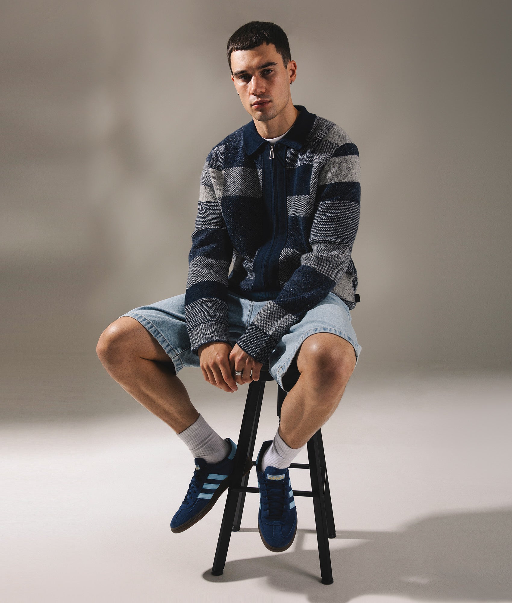 Zip Through Cardigan in Very Dark Navy. Cotton wool blend | PS Paul Smith | Shot at EQVVS | Campaign shot 