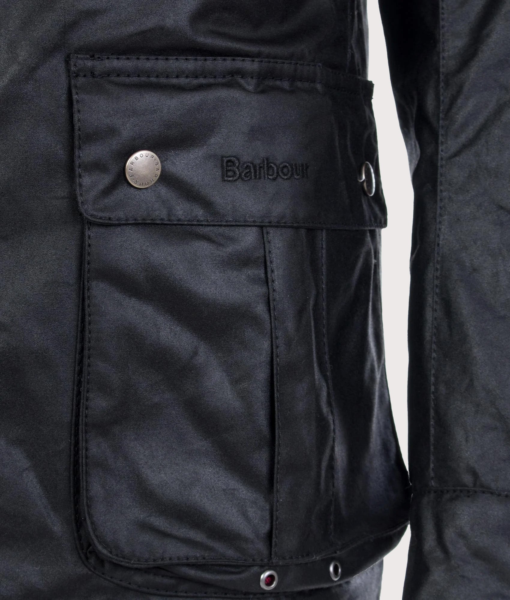 Barbour International Intl. Duke Wax Jacket in Black at EQVVS Menswear. Detail shout.