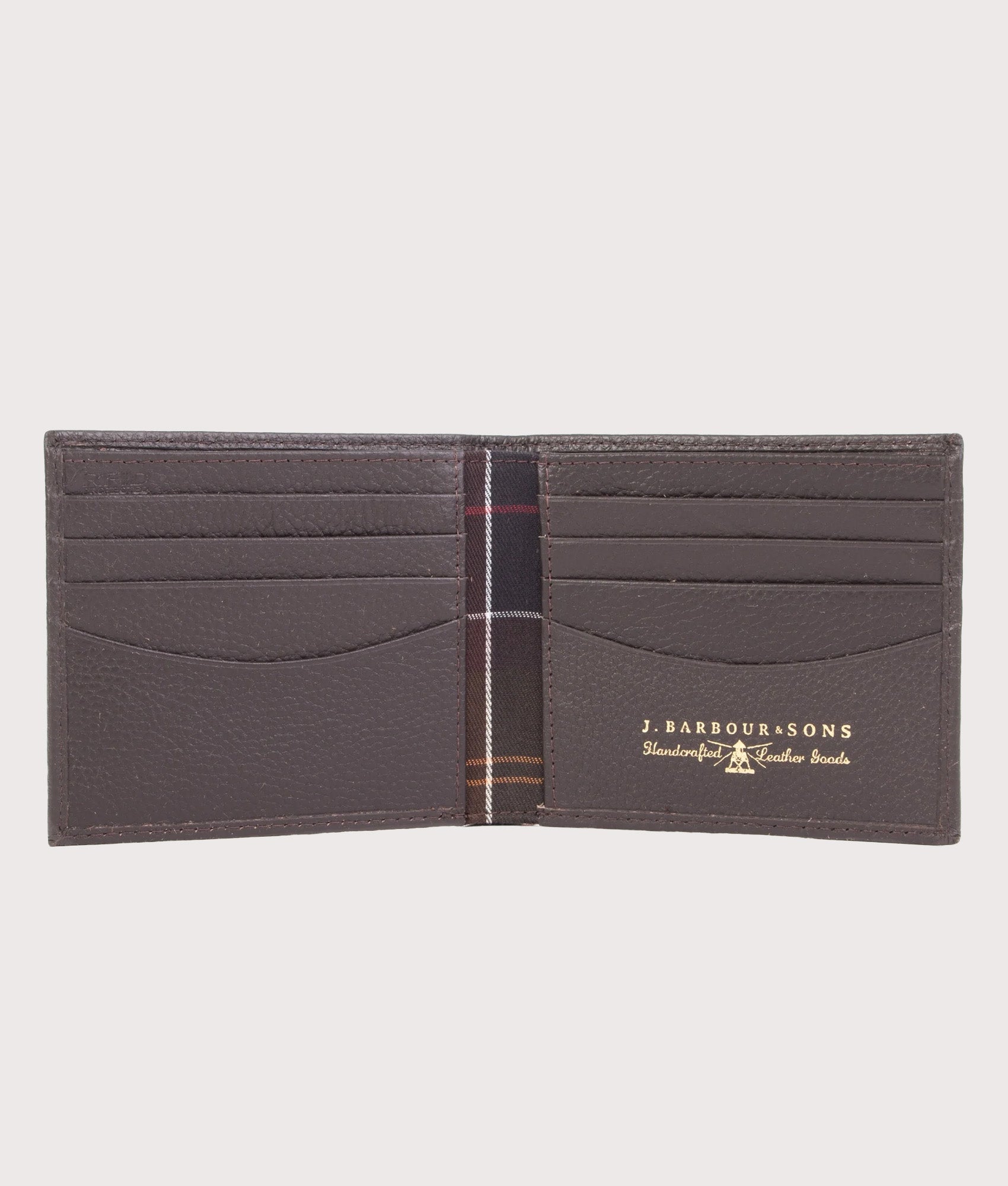 Barbour Lifestyle Amble Leather Billfold Wallet in Dark Brown at EQVVS Menswear. Open shot.