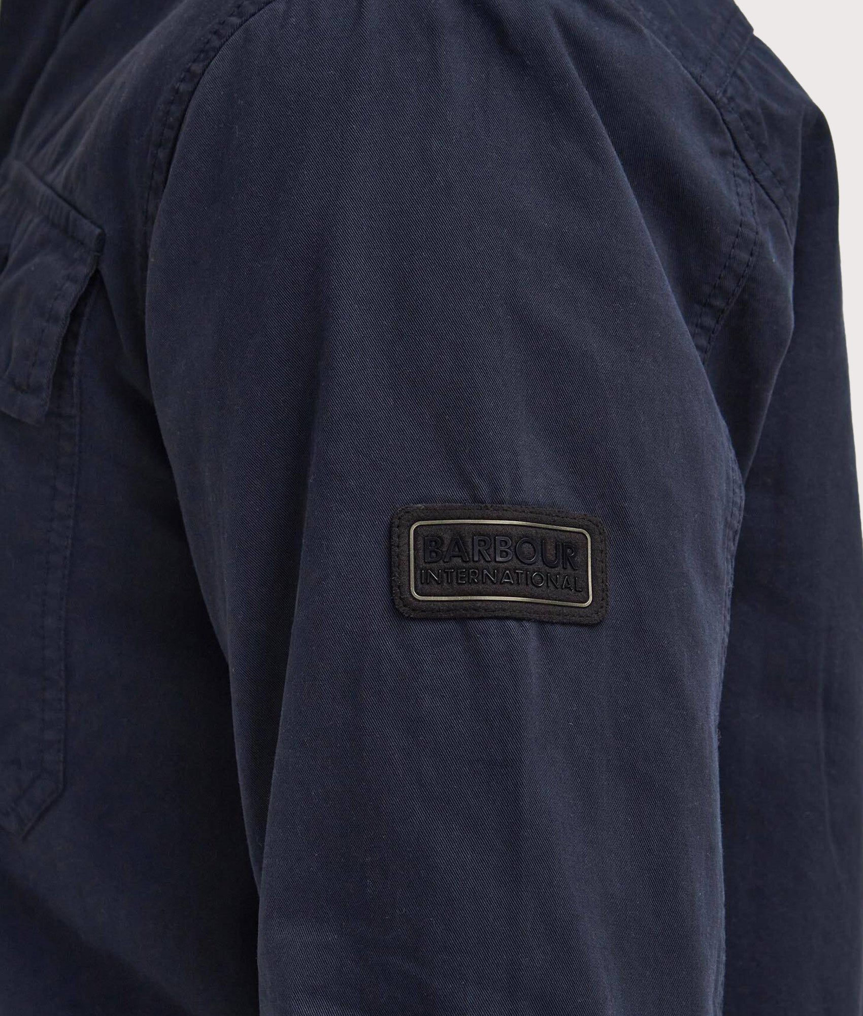 Barbour International Arlo Overshirt in Navy at EQVVS Menswear. Detail shot.