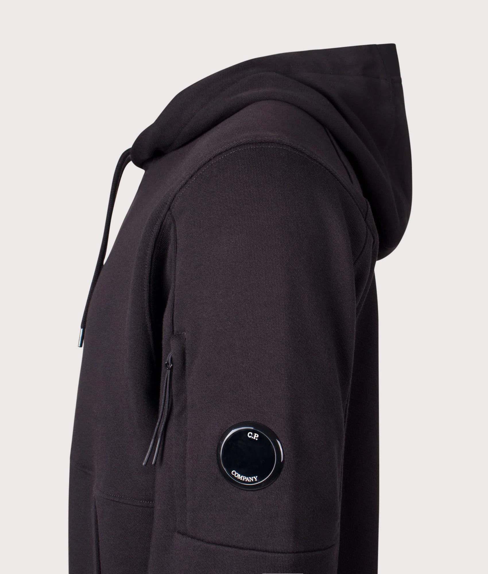 Diagonal Raised Fleece Lens Hoodie in Black | 100% Cotton | C.P. Company | EQVVS | Side detail shot 