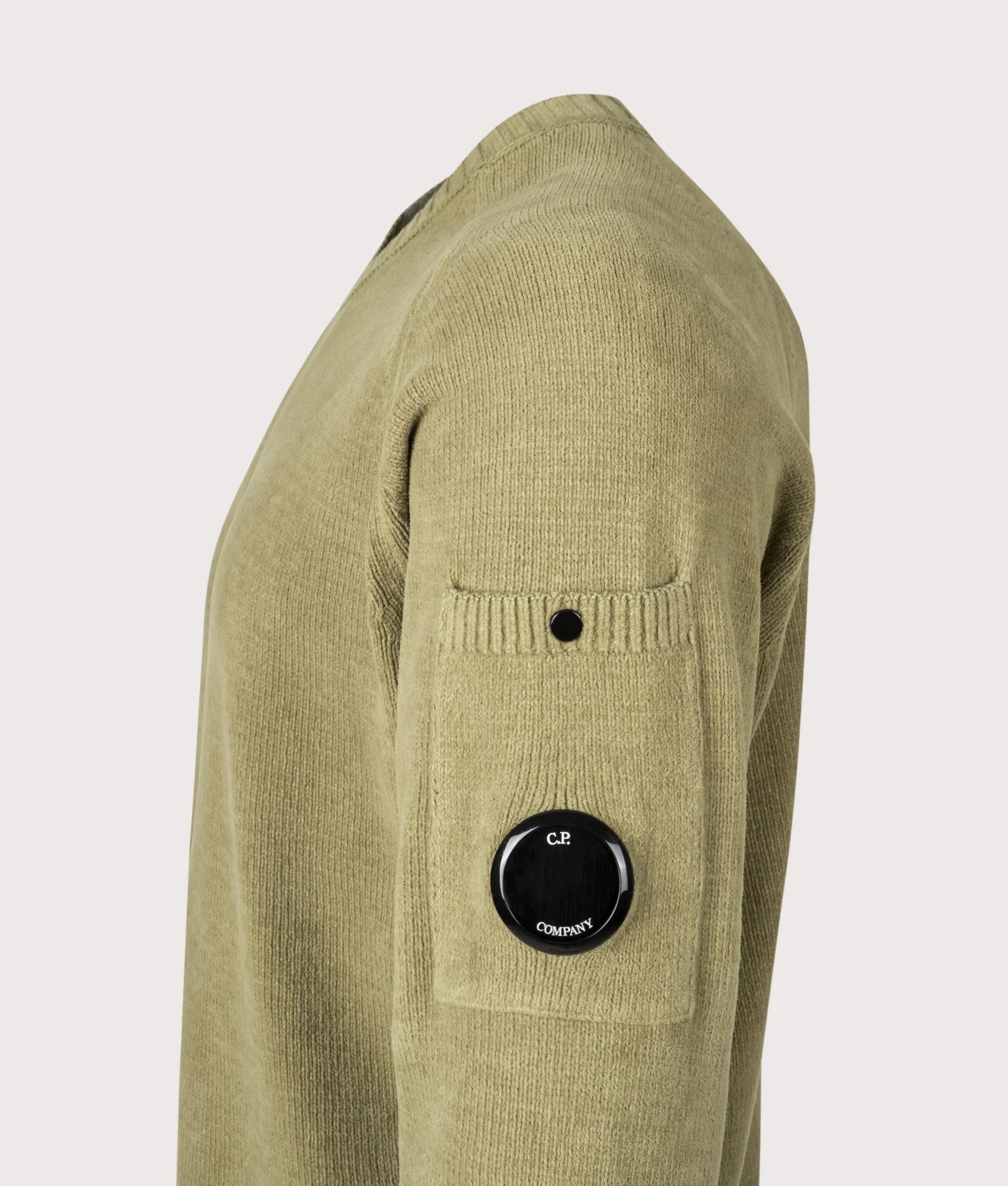 Cotton Chenille Crewneck Lens Jumper in Dried Herb | Cotton Chenille | C.P. Company | EQVVS | Side detail shot 