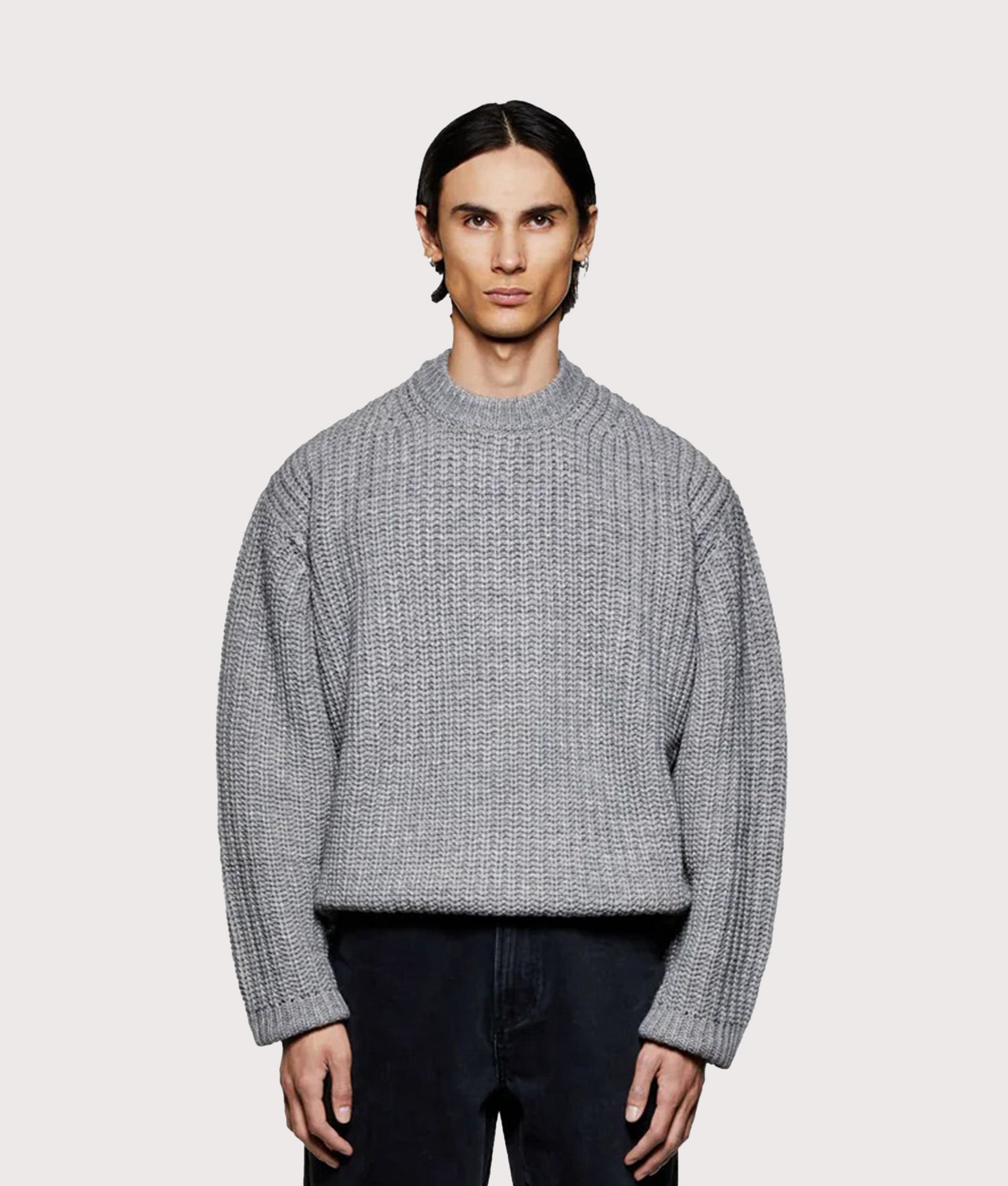 MKI MIYUKI ZOKU Oversized Chunky Rib Knit Crewneck Jumper in Grey Melange at EQVVS Menswear. Model front shot.