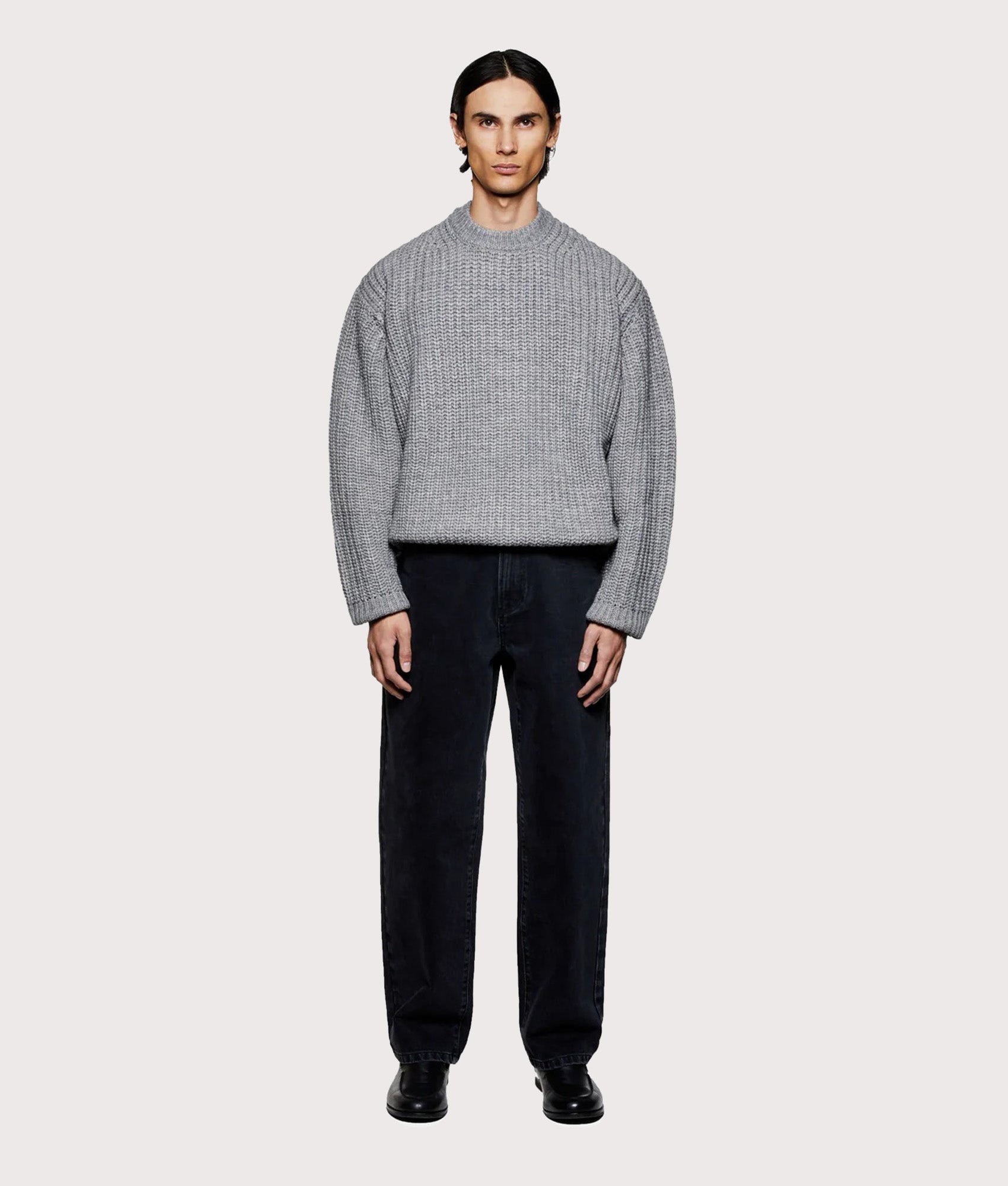 MKI MIYUKI ZOKU Oversized Chunky Rib Knit Crewneck Jumper in Grey Melange at EQVVS Menswear. Full model front shot.