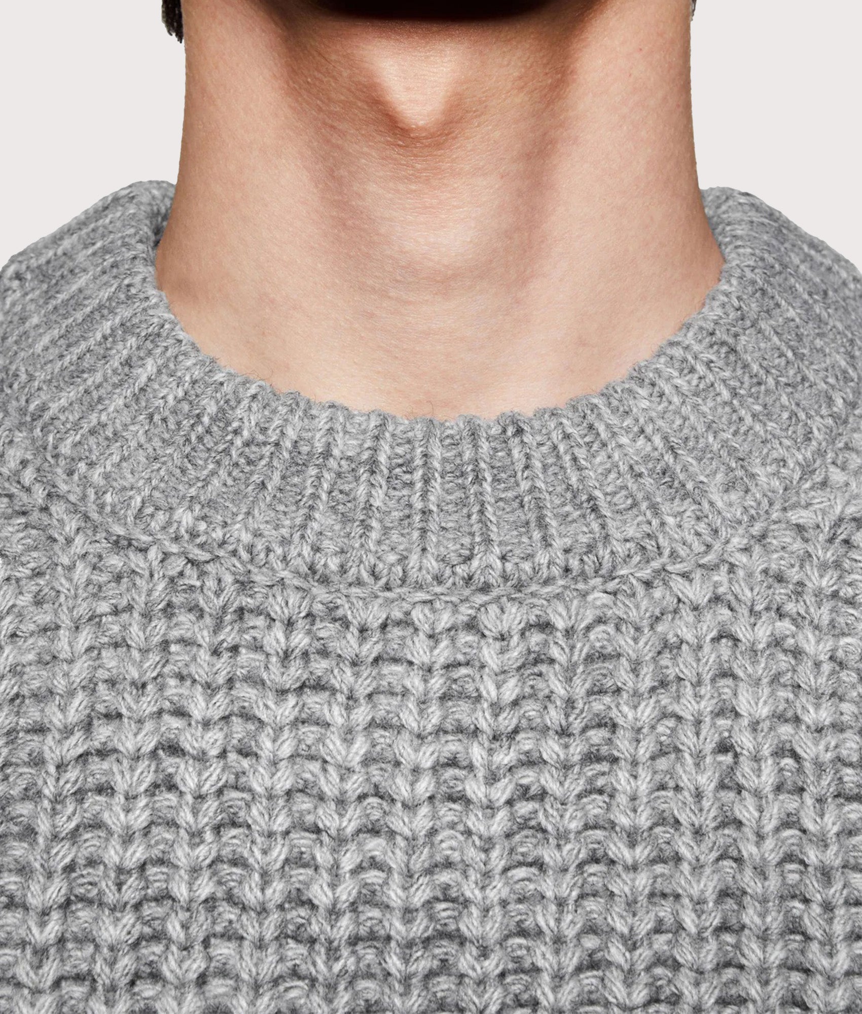 MKI MIYUKI ZOKU Oversized Chunky Rib Knit Crewneck Jumper in Grey Melange at EQVVS Menswear. Neckline detail shot.