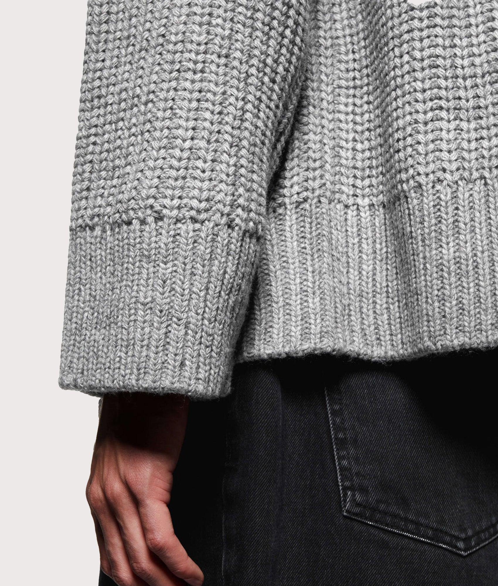 MKI MIYUKI ZOKU Oversized Chunky Rib Knit Crewneck Jumper in Grey Melange at EQVVS Menswear. Hem and cuff detail. 