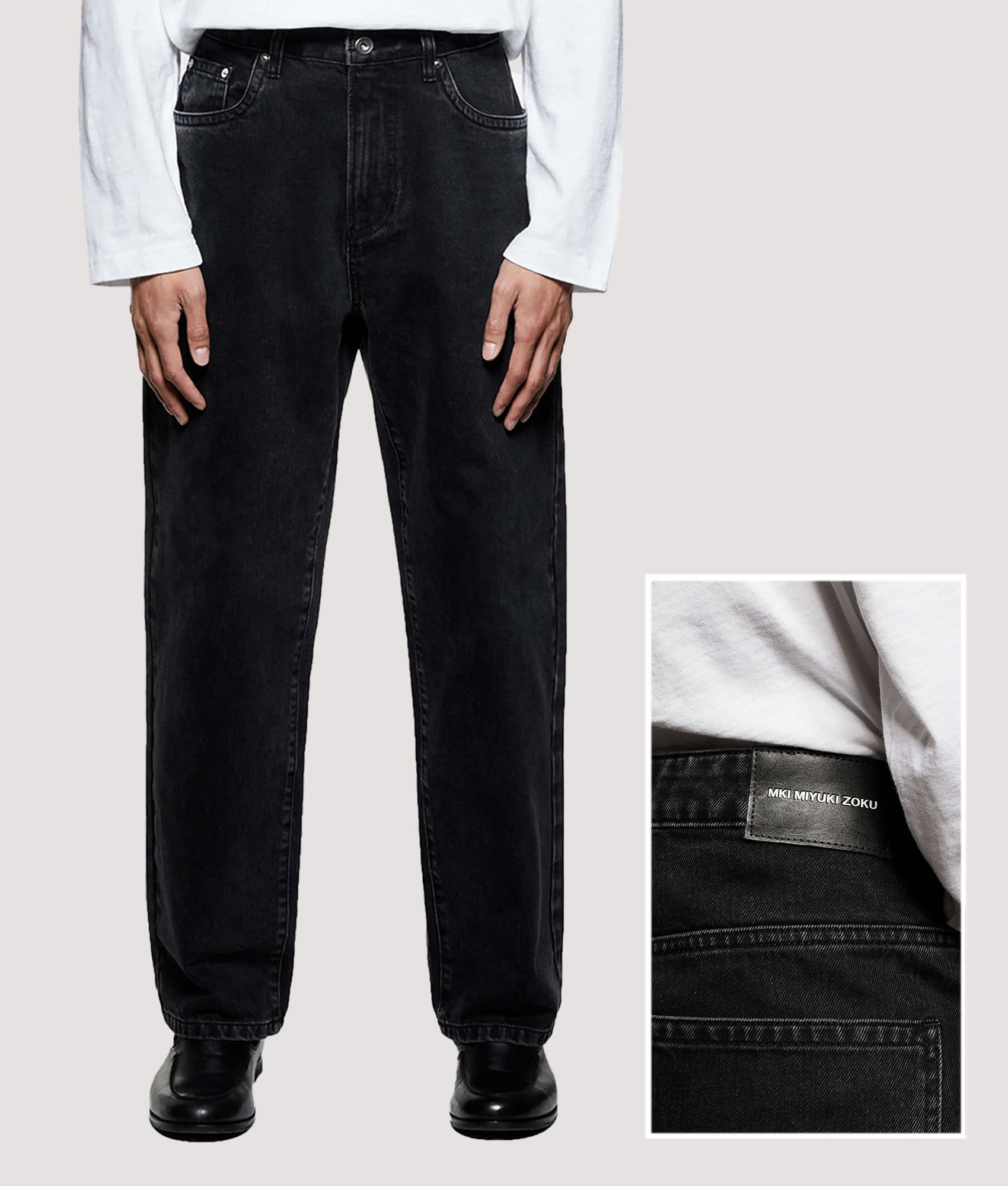 MKI MIYUKI ZOKU Denim Classic Jeans in Black Wash at EQVVS Menswear. Model front and back detail shot.