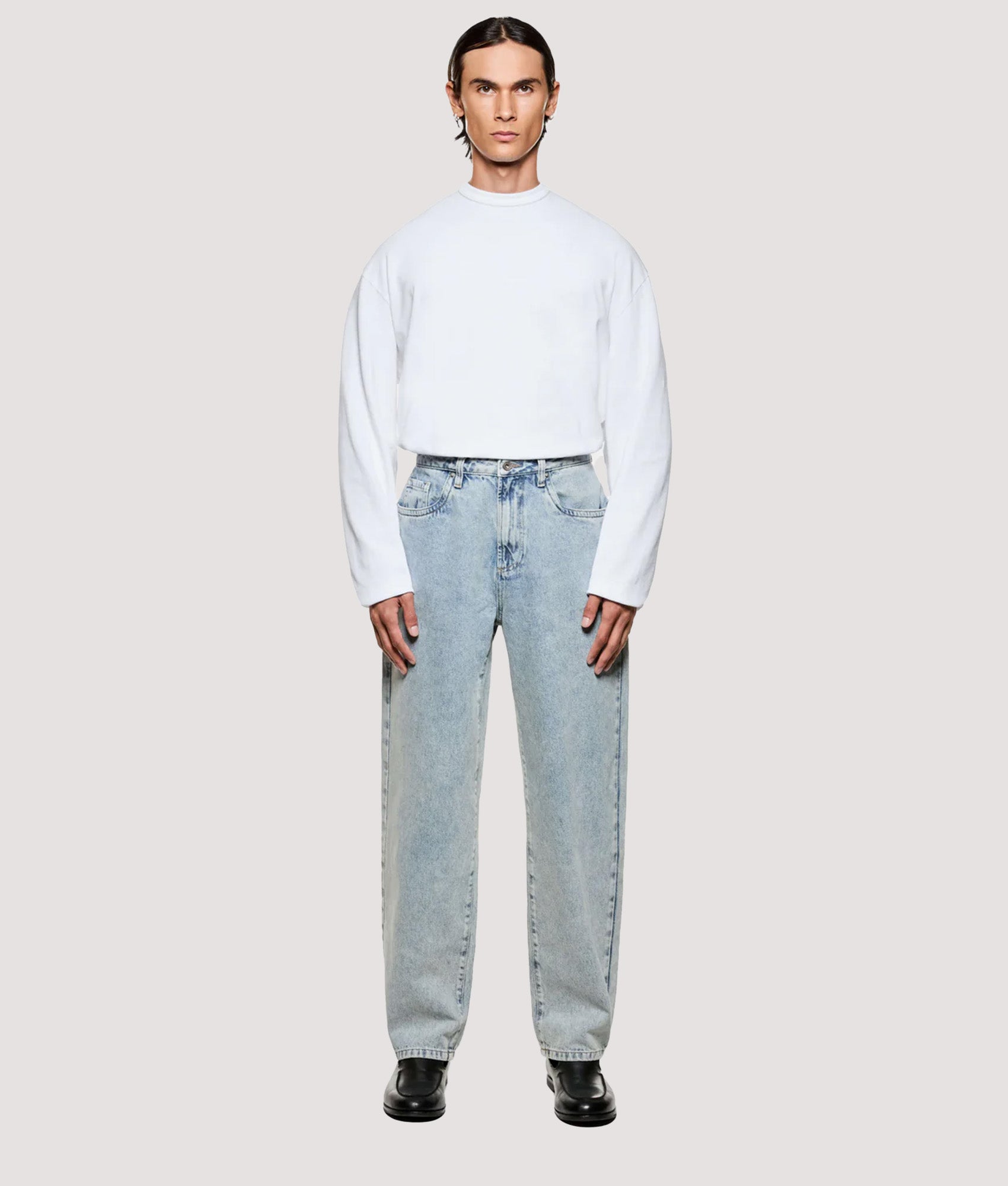 MKI MIYUKI ZOKU Denim Classic Jeans return in Bleach Wash at EQVVS Menswear. Model full front shot.