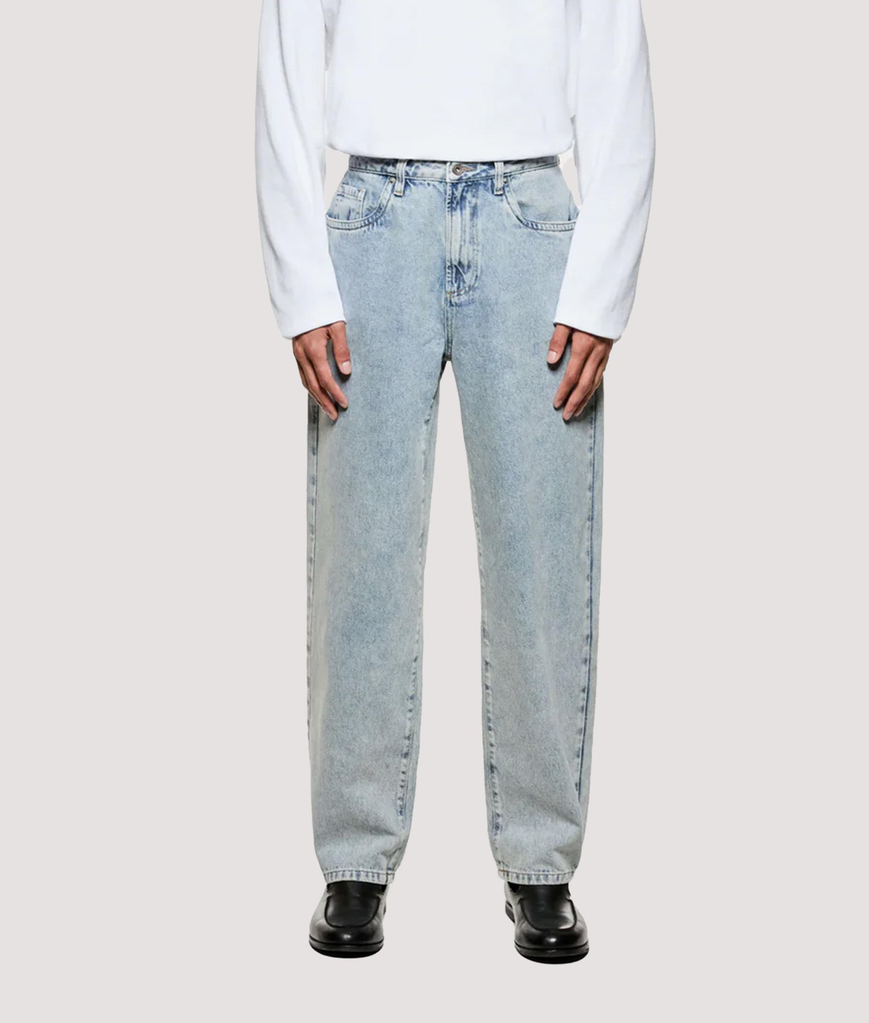 MKI MIYUKI ZOKU Denim Classic Jeans return in Bleach Wash at EQVVS Menswear. Model front shot.