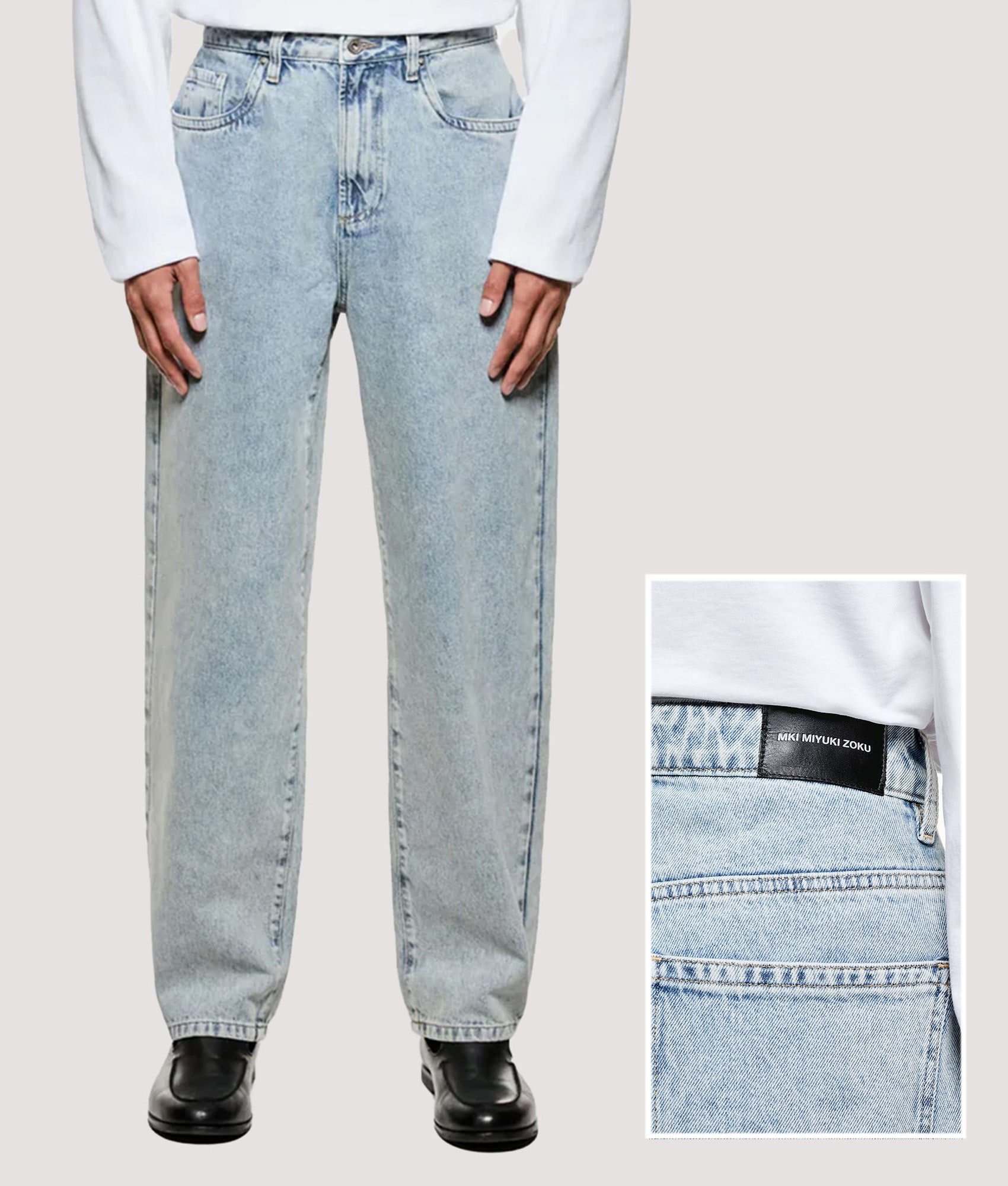 MKI MIYUKI ZOKU Denim Classic Jeans return in Bleach Wash at EQVVS Menswear. Model front and back detail shot.