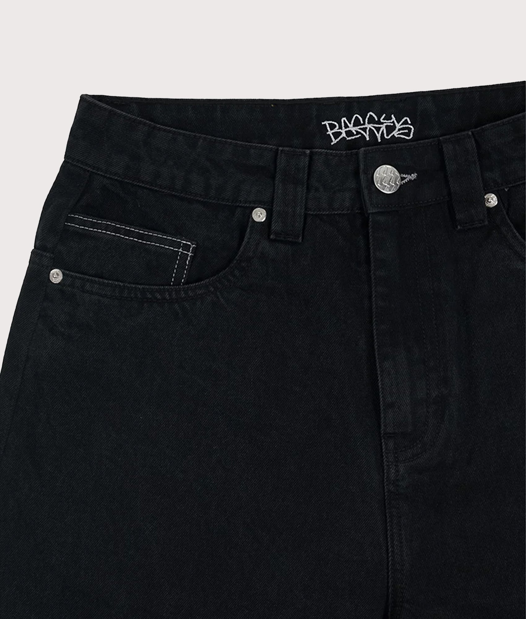 Baggys Baggy Denim Pants in Pitch Black at EQVVS Menswear. Pocket detail shot.