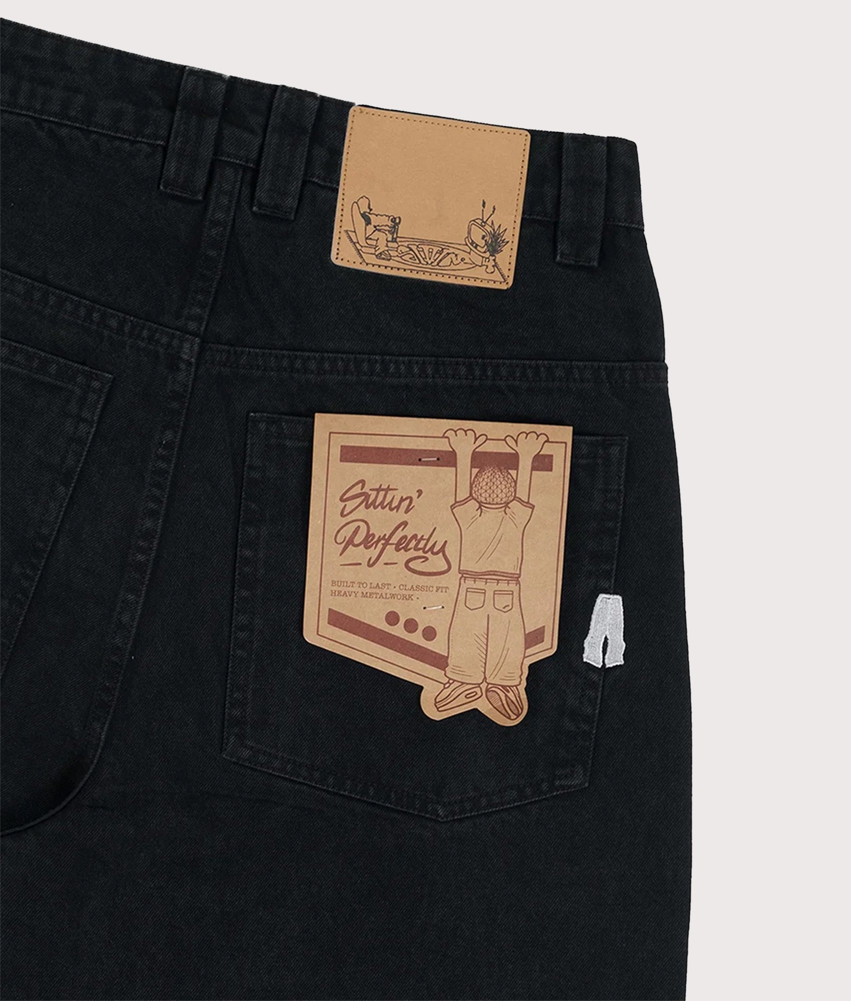 Baggys Baggy Denim Pants in Pitch Black at EQVVS Menswear. Rear detail shot.