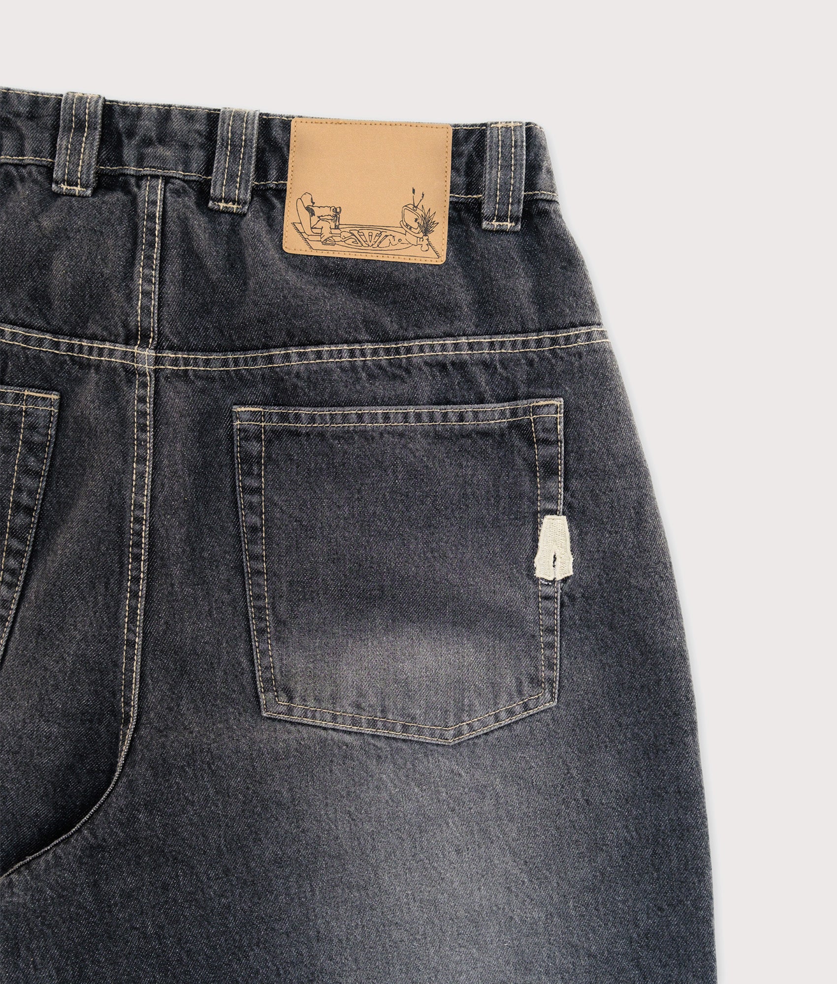 Baggys Baggy Denim Pants in Flint Grey at EQVVS Menswear. Detail shot.