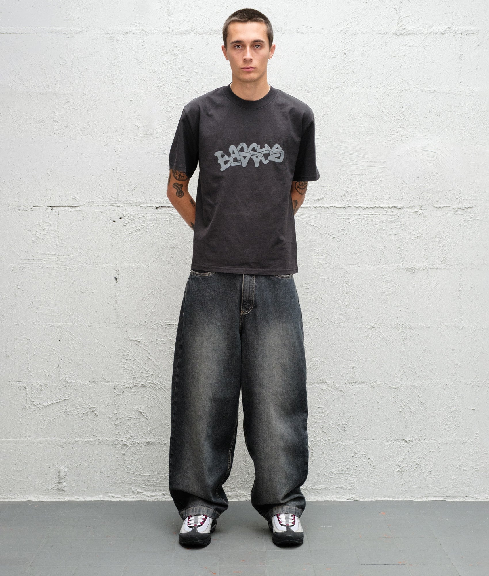 Baggys Baggy Denim Pants in Flint Grey at EQVVS Menswear. Model front shot.