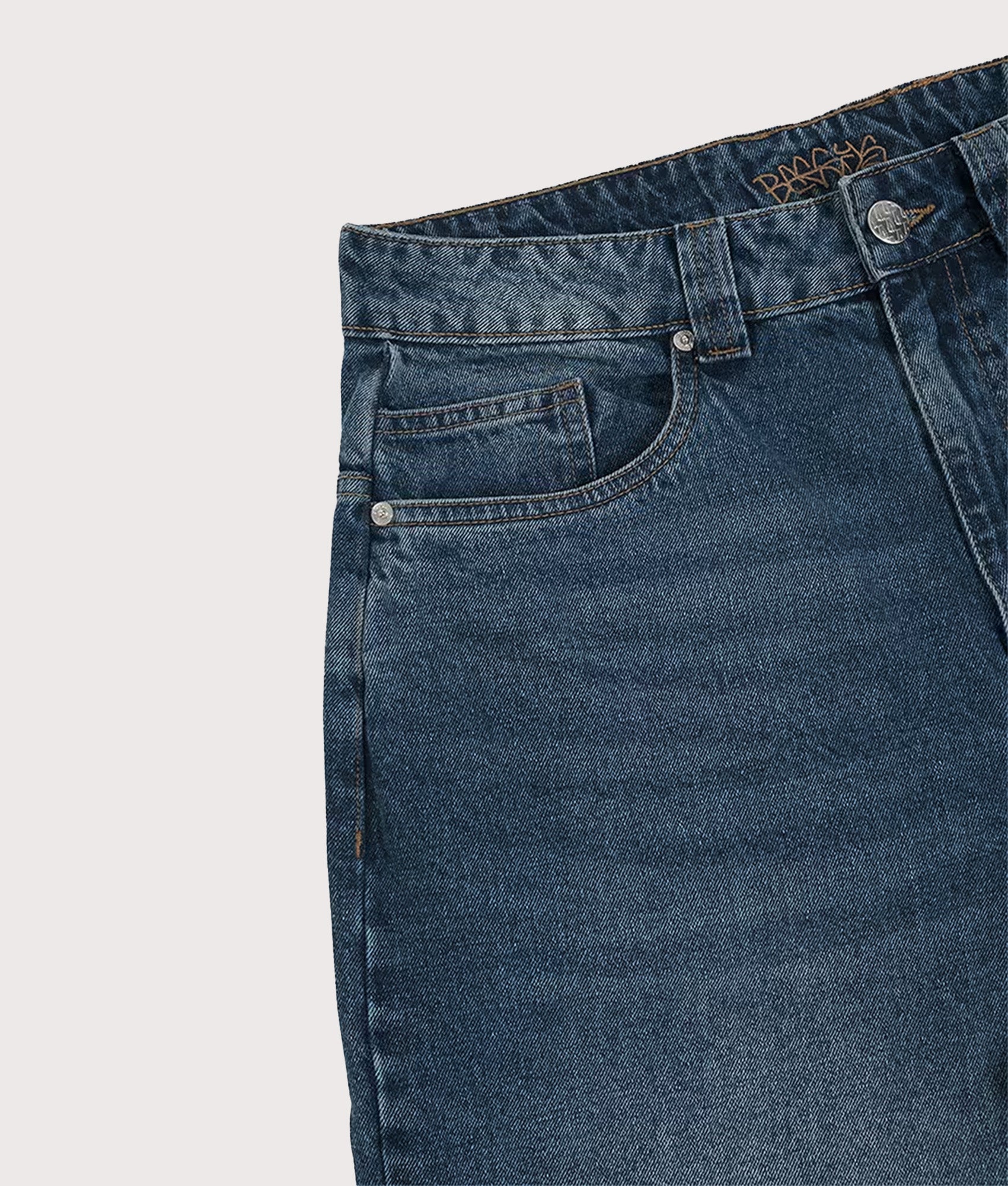 Baggys Baggy Denim Pants season in  Frost at EQVVS Menswear. Detail shot.
