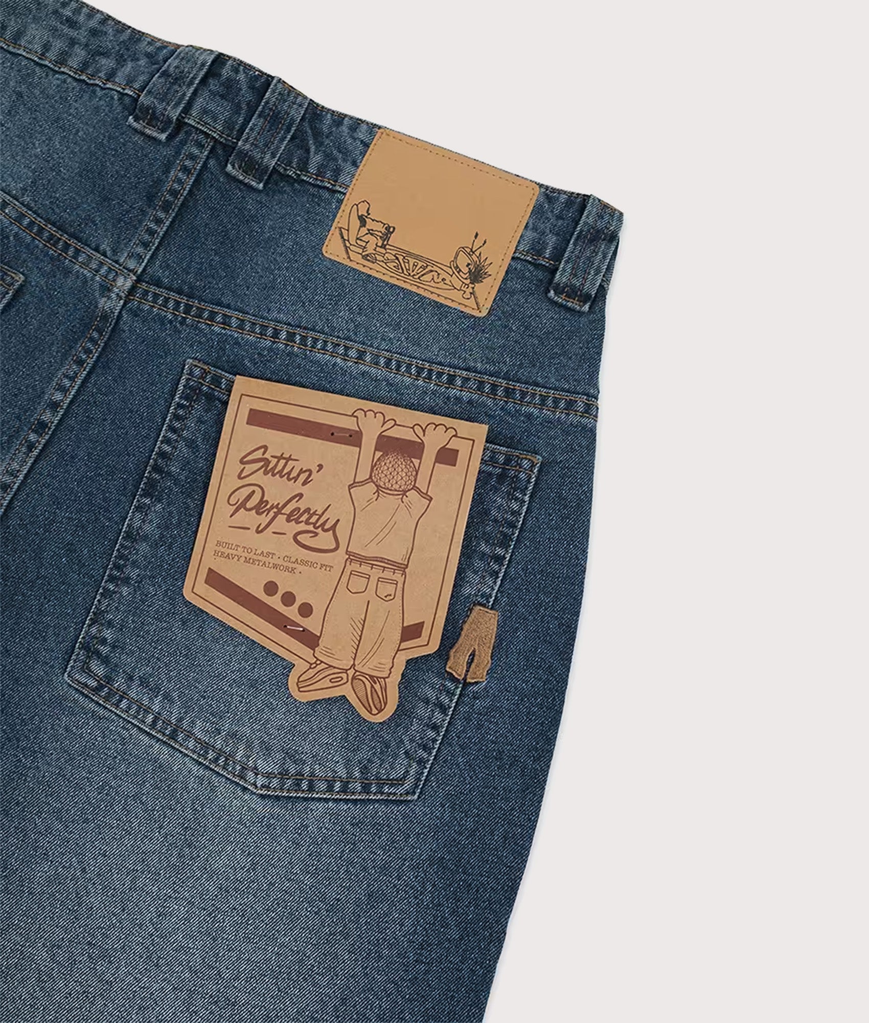 Baggys Baggy Denim Pants season in  Frost at EQVVS Menswear. Back detail shot.