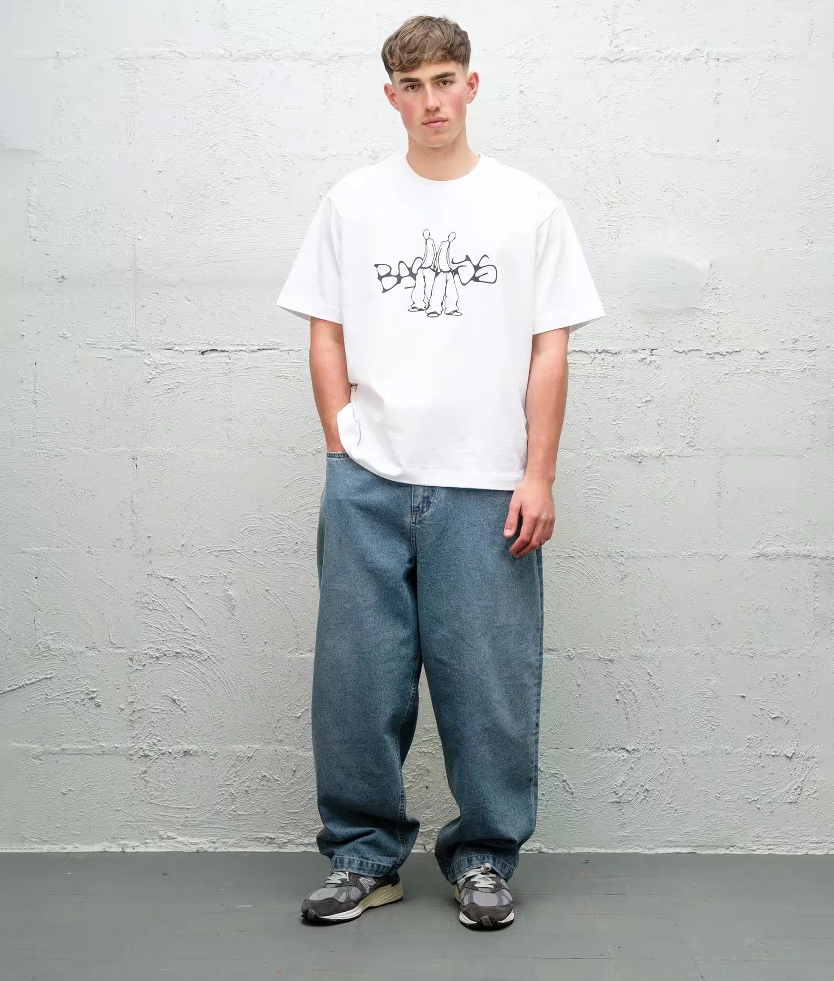 Baggys Baggy Denim Pants in Light Washed Fray at EQVVS Menswear. Model front shot.