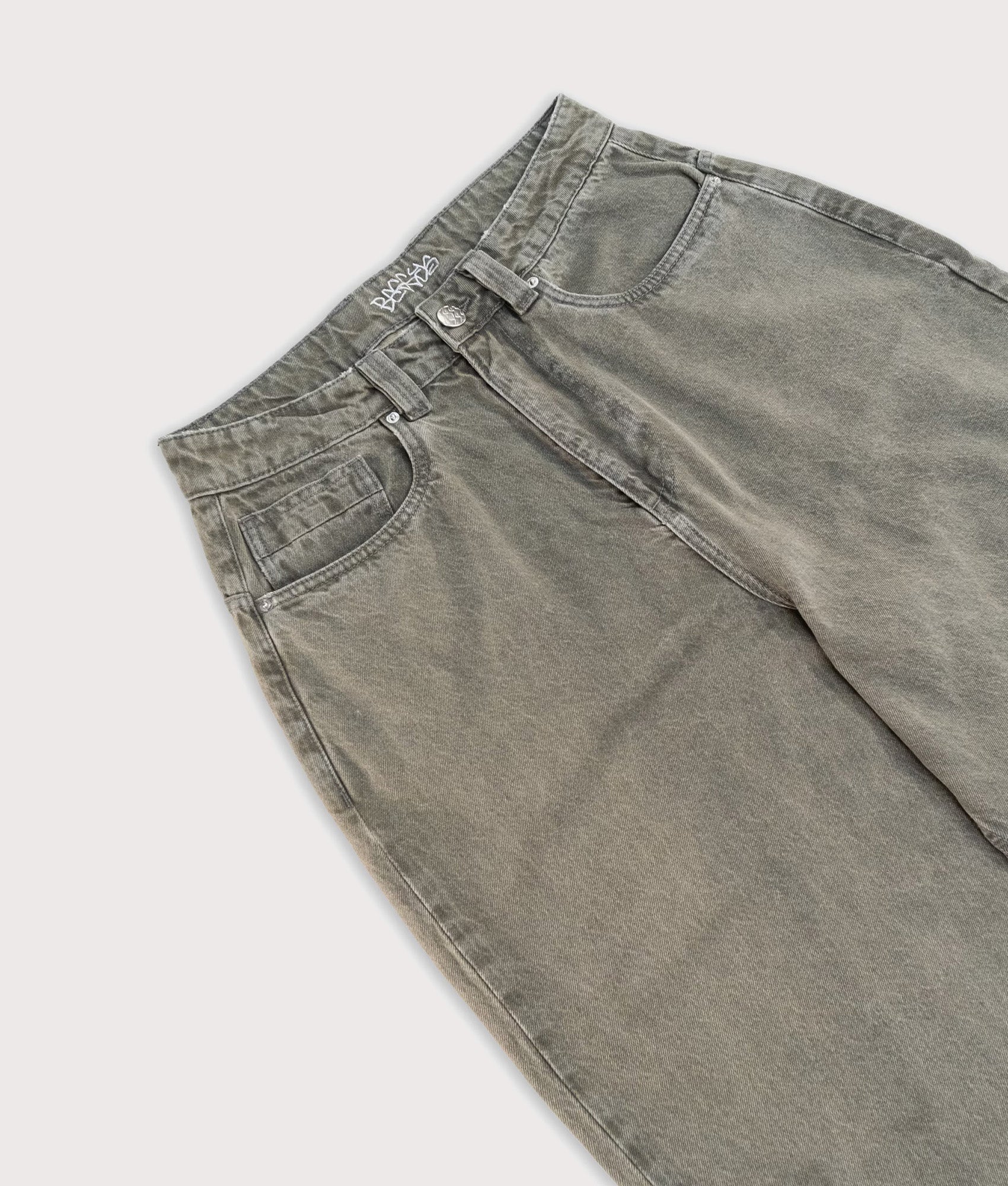 Baggys Baggy Denim Pants in Sage at EQVVS Menswear. Detail shot.