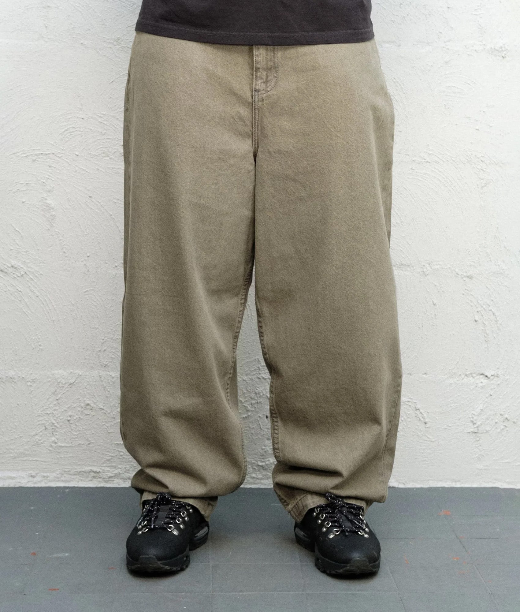 Baggys Baggy Denim Pants in Sage at EQVVS Menswear. Model front shot.