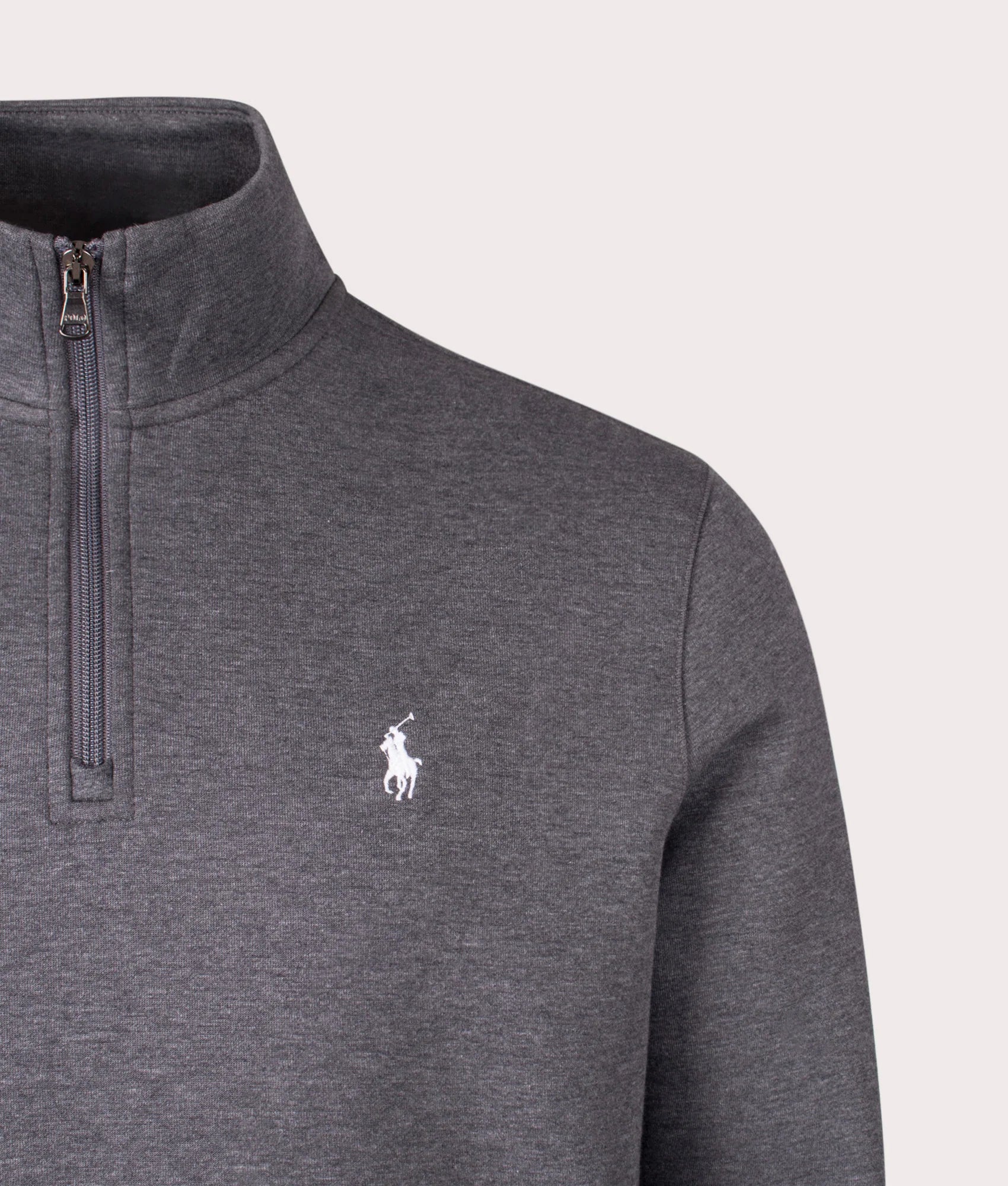 Polo Ralph Lauren Double Knit Quarter Zip Sweatshirt in Barclay Heather at EQVVS Menswear. Detail shot.