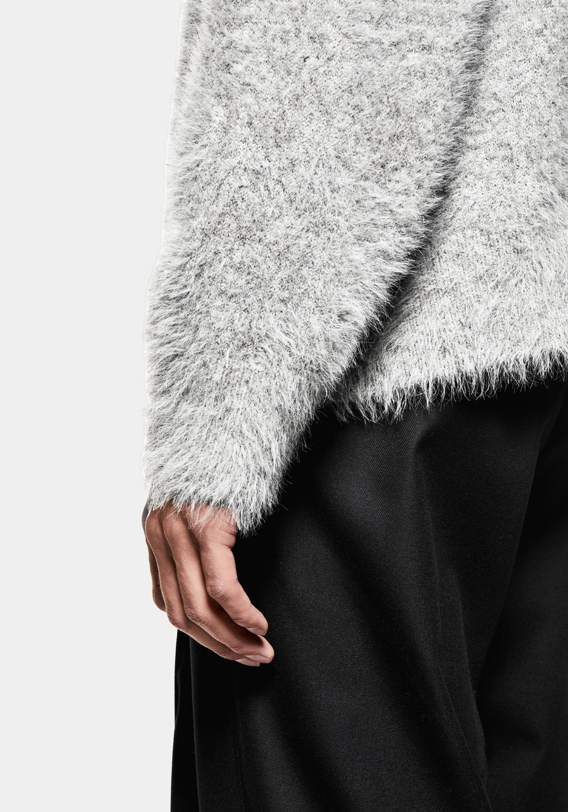 MKI MIYUKI ZOKU Faux Alpaca Knit Track Jacket in Charcoal Melange at EQVVS Menswear. Sleeve shot.