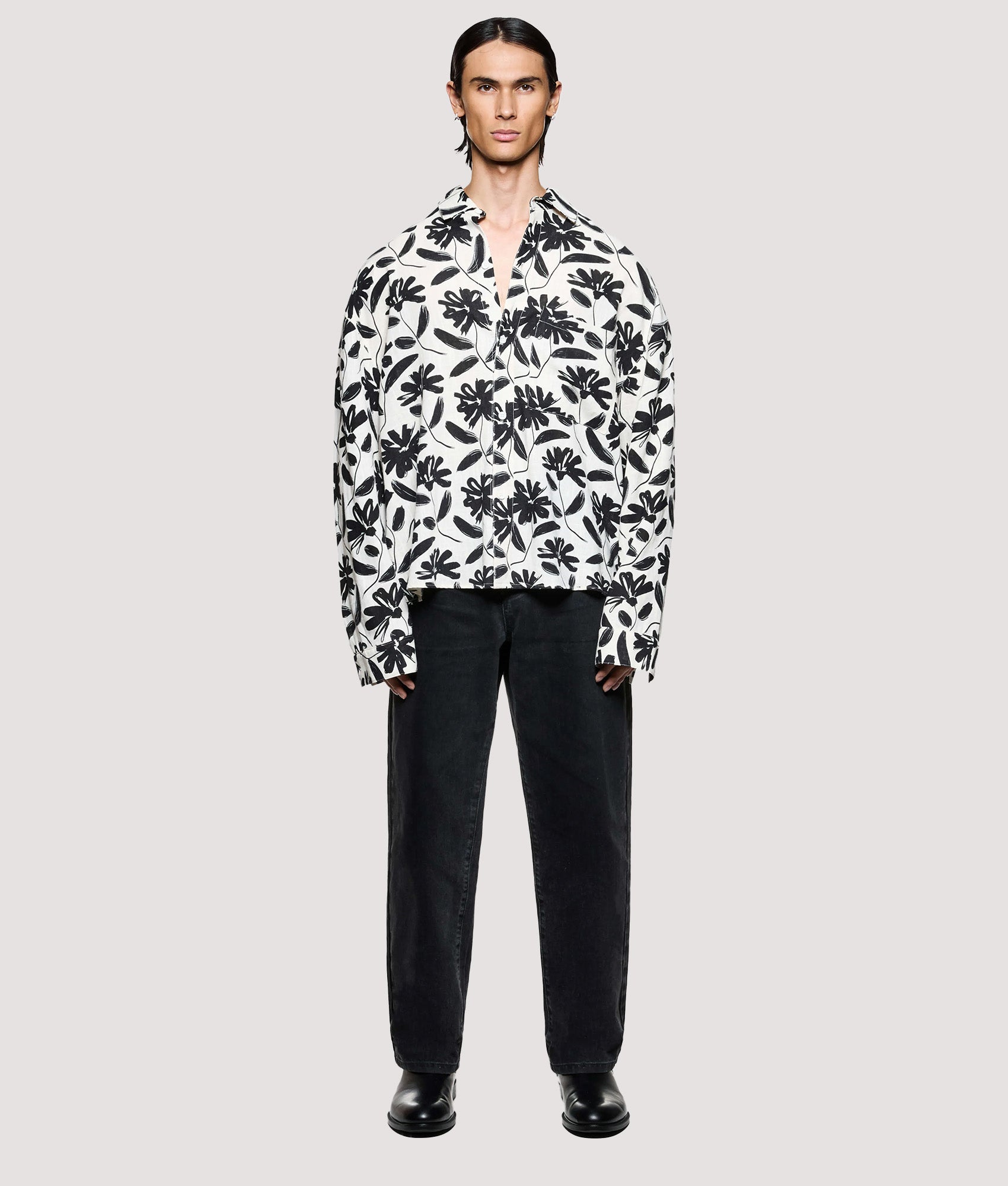 MKI MIYUKI ZOKU Box Fit Floral Linen Dress Shirt in Raw at EQVVS Menswear. Model full front shot.