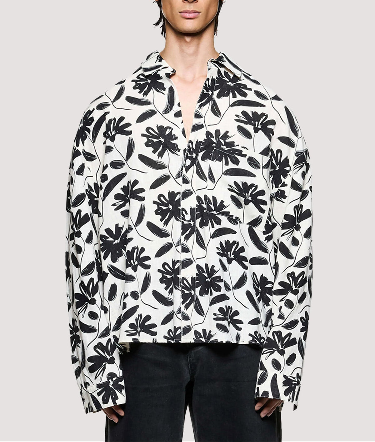 MKI MIYUKI ZOKU Box Fit Floral Linen Dress Shirt in Raw at EQVVS Menswear. Model front shot.