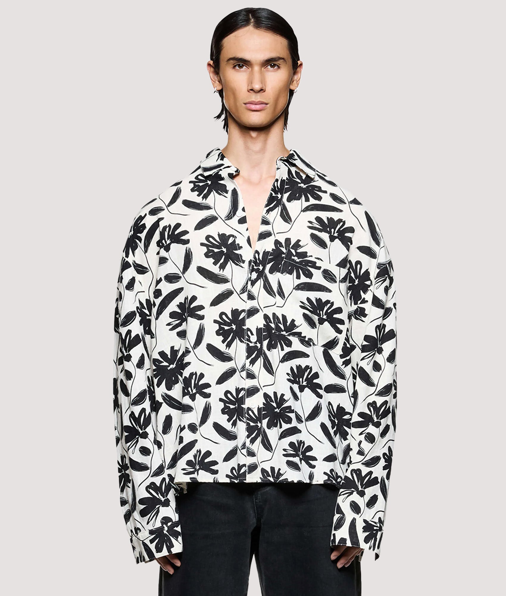MKI MIYUKI ZOKU Box Fit Floral Linen Dress Shirt in Raw at EQVVS Menswear. Model front shot.