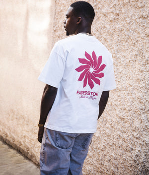 Faded Relaxed Fit Tribal Flower T-Shirt in Off White at EQVVS Menswear. Campaign shot.