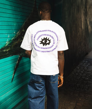 Relaxed Fit NSC Circle Eye T-Shirt in White | 100% Cotton | Faded | Shot at EQVVS | Campaign shot 