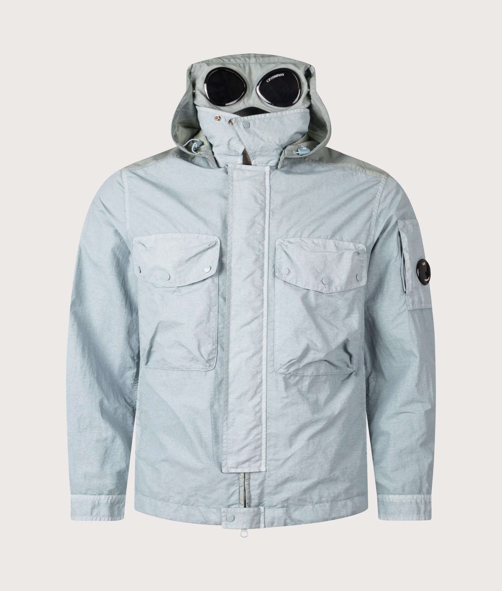 C.P. Company Flatt Nylon Mixed Goggle Overshirt in Silver blue at EQVVS Menswear. Front shot.