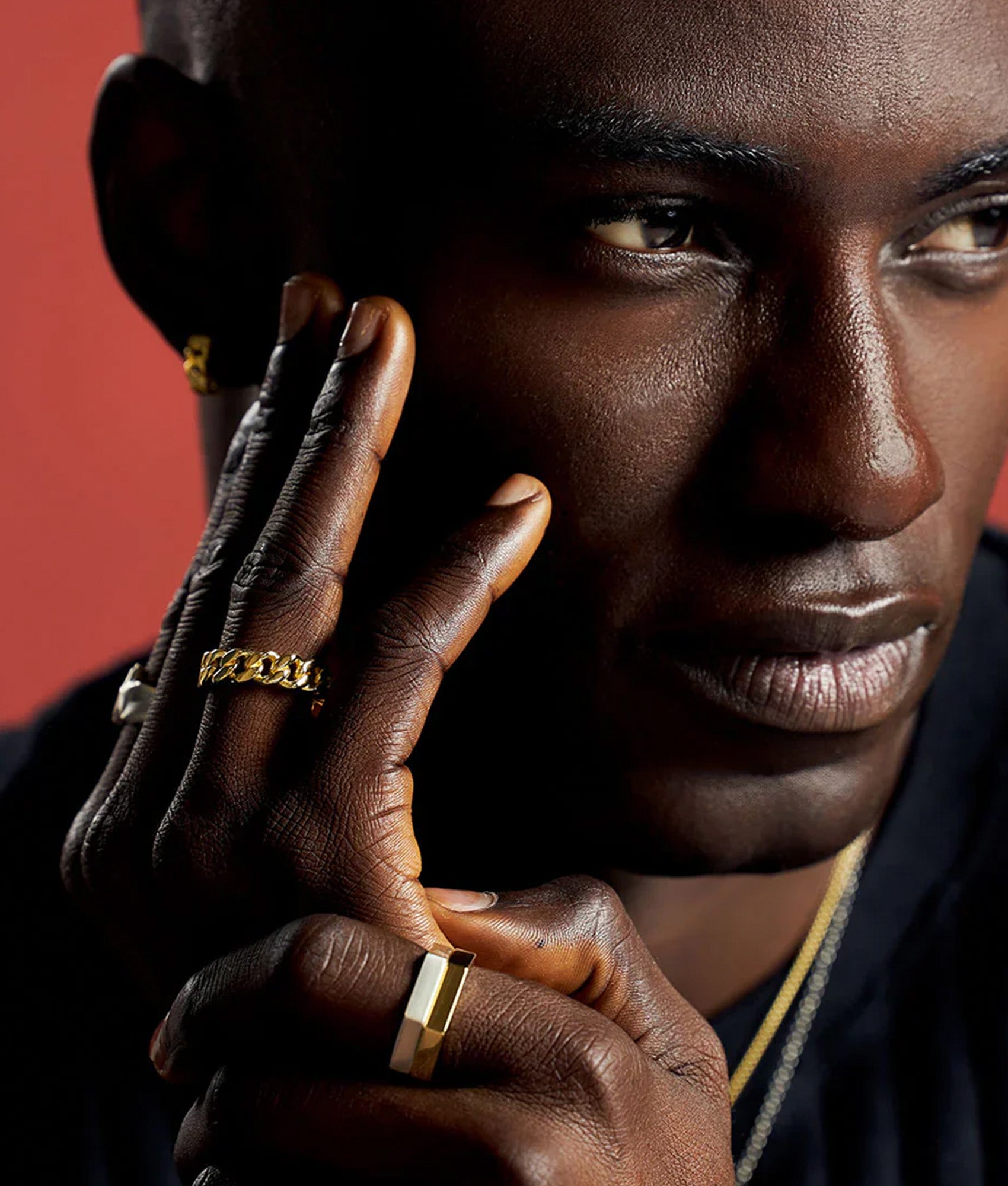 Serge DeNimes Gold Cuban Link Ring (Sterling Silver) at EQVVS Menswear. Model shot.