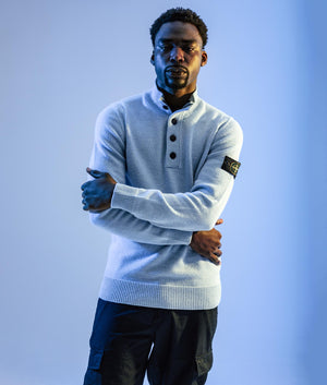 Half Zip Jumper in Sky Blue. Wool Blend | Stone Island | Shot at EQVVS | Campaign shot 