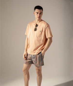 Regular Fit Signature Stripe Print Swim Shorts. Shot by EQVVS. Campaign Shot.