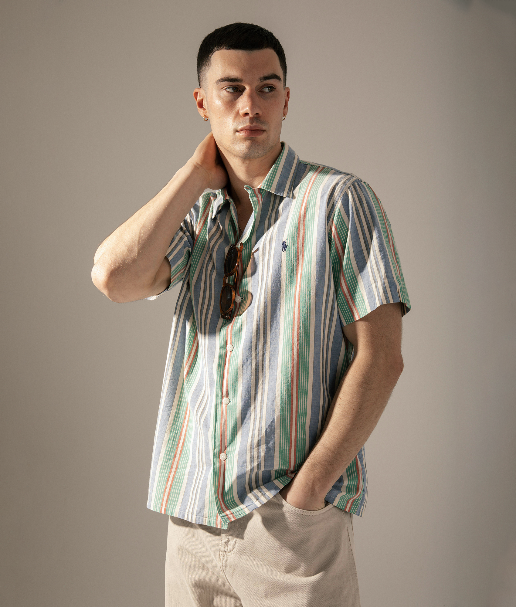 Classic Fit Short Sleeve Striped Chambray Camp Shirt. Shot by EQVVS. Campaign Full Shot.