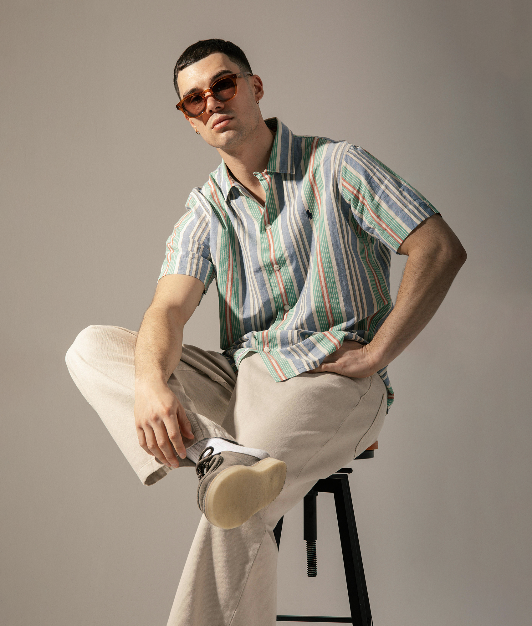 Classic Fit Short Sleeve Striped Chambray Camp Shirt. Shot by EQVVS. Campaign Shot.