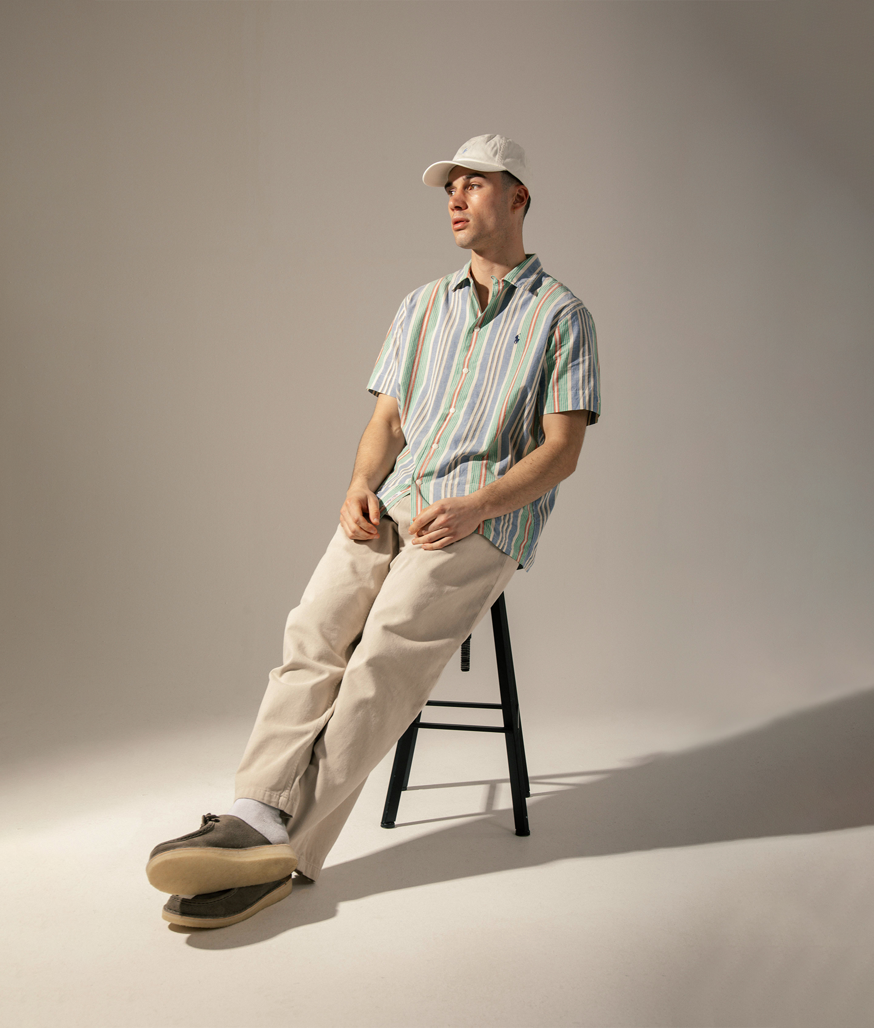Classic Fit Short Sleeve Striped Chambray Camp Shirt. Shot by EQVVS. Campaign Full Shot.