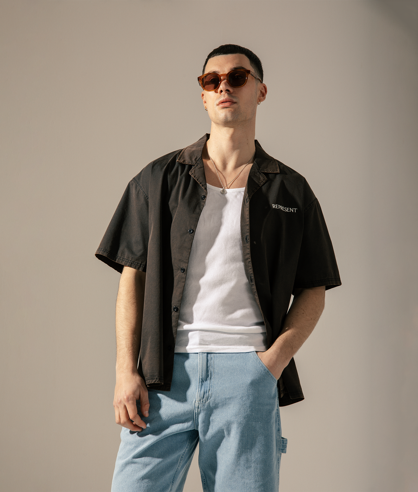 Oversized Represent Serif Shirt. Shot by EQVVS. Campaign Full shot.