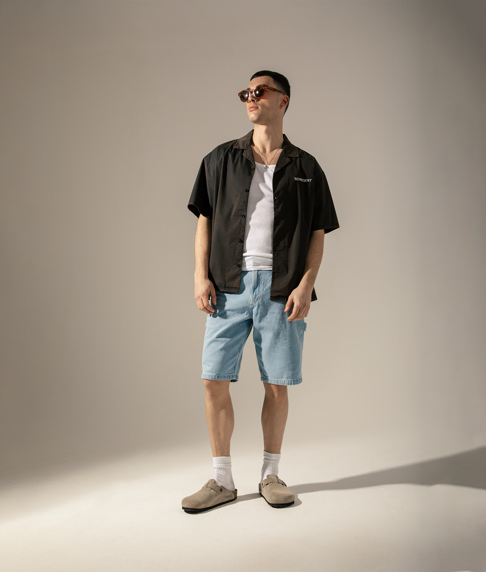 Oversized Represent Serif Shirt. Shot by EQVVS. Campaign Full Open Shot.