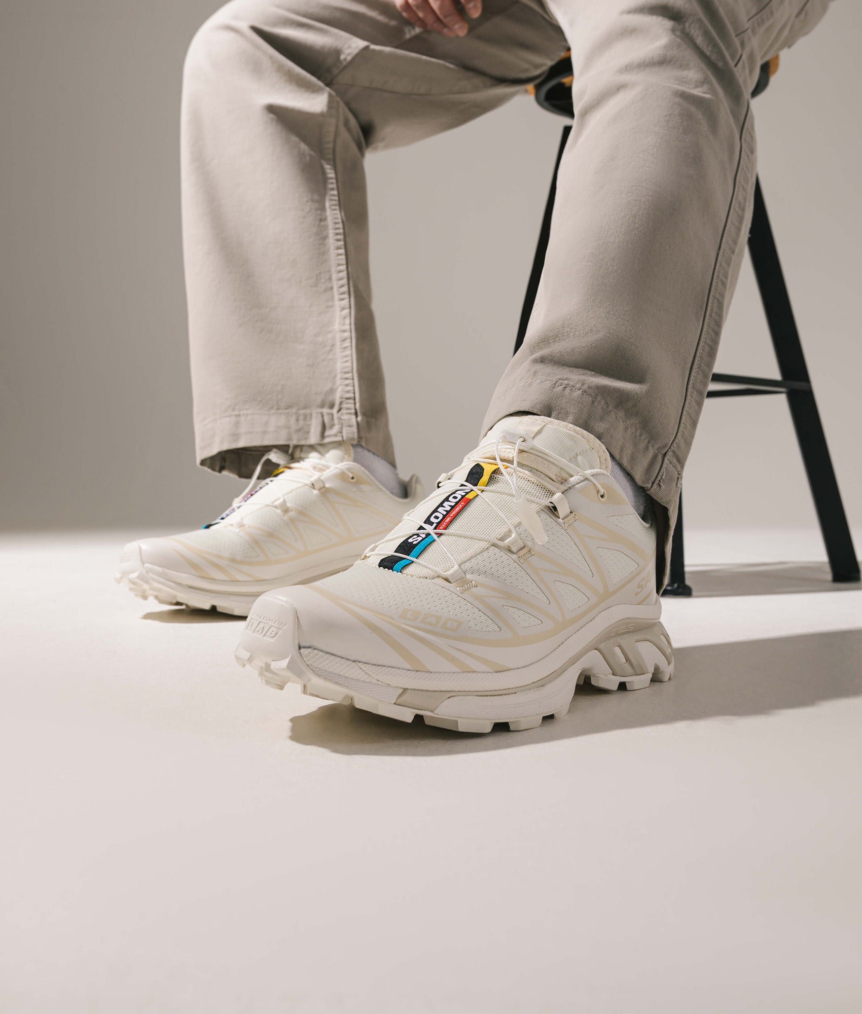 SALOMON XT-6 Sneakers in Vanilla Ice/Vanilla Ice/Almond Milk at EQVVS Menswear. On foot shot.